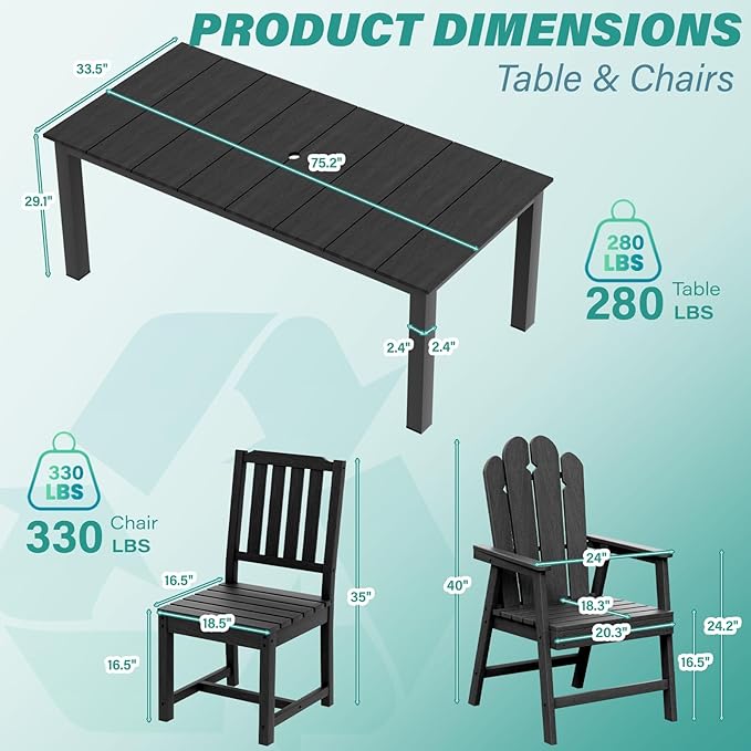 9-Piece Patio Dining Set, Outdoor Dining Set for 8, HDPE All-Weather Outdoor Furniture with 75.20” Umbrella Hole Table, 2 Armchairs & 6 Armless Chairs, Black