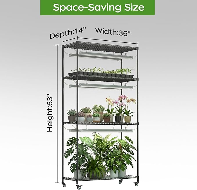 Plant Stand with Grow Lights, 4-Tier Plant Shelf, 6 Sets 3-Color LED Grow Light with Timer, Wide Plant Rack for Indoor Gardening, Seed Starting, Herbs & Flowers, 36" W x 14" D x 63" H