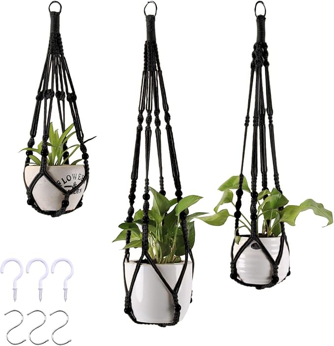 MKO SHUN 3-Pack Macrame Plant Hanger Indoor - Hanging Planter Basket for Indoor Outdoor - Decorative Boho Plant Holders Set with Beads - Ceiling Flower Pot Holder with 6 Hooks - 35"/30"/24" Black