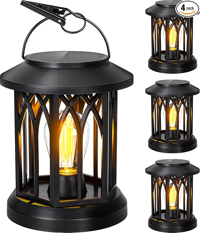 Hanging Solar Lanterns Outdoor Waterproof, 4 Pack Outdoor Lantern Decorative, Hanging Solar Lights for Outside Table Yard Porch Balcony Desk Patio Decor