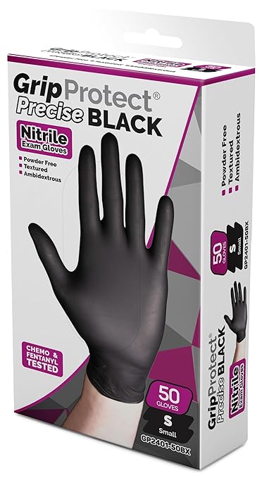 GripProtect® Precise Black Nitrile Gloves | Exam | 4 Mil | Chemo-Rated | Food, Home, Hospital, Law Enforcement, Tattoo | (Small, 50)