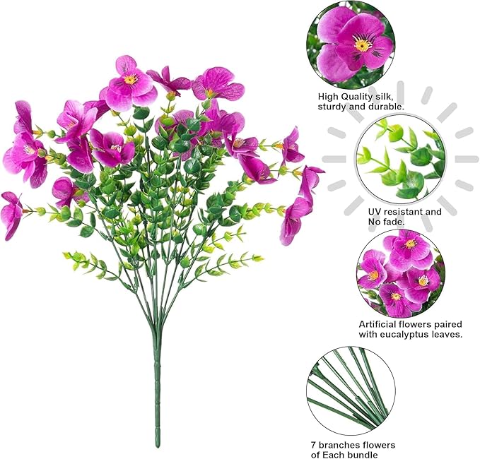 Ivydale Artificial Flowers for Outdoor Decoration, 12 Bundles Fake Pansy UV Resistant Realistic Silk Flowers with Eucalyptus for Planter Front Door Garden Porch Patio Yard