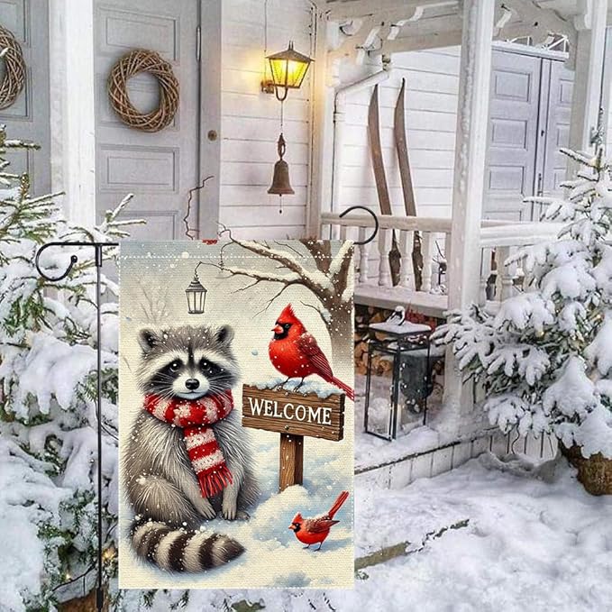 Winter Garden Flag 12x18 Inch Double Sided Burlap Welcome Raccoon Cardinal Snow Outdoor Yard Decoration Small Seasonal Christmas Holiday Farmhouse Porch Flag