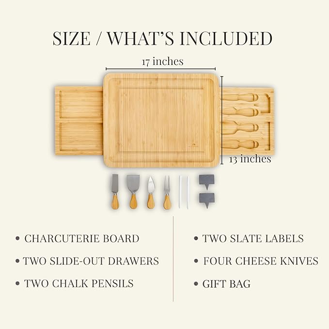 Personalized Charcuterie Board Set, Custom Engraved Bamboo Cheese Board, Christmas, Wedding and Housewarming Gift for Couples, Anniversary and Bridal Shower (2 DRAWERS)