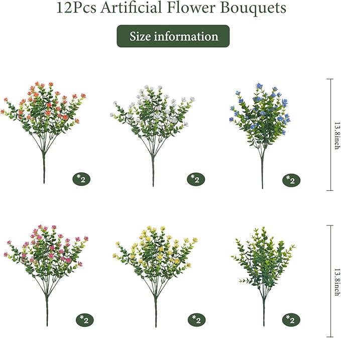 BCBLF Artificial Flowers Outdoors, 12 Bundles Fake Flowers UV-Anti for Decoration Faux Plastic Plants Garden Porch Window Box Décor, WhitePinkYellowOrangeBlueGreen