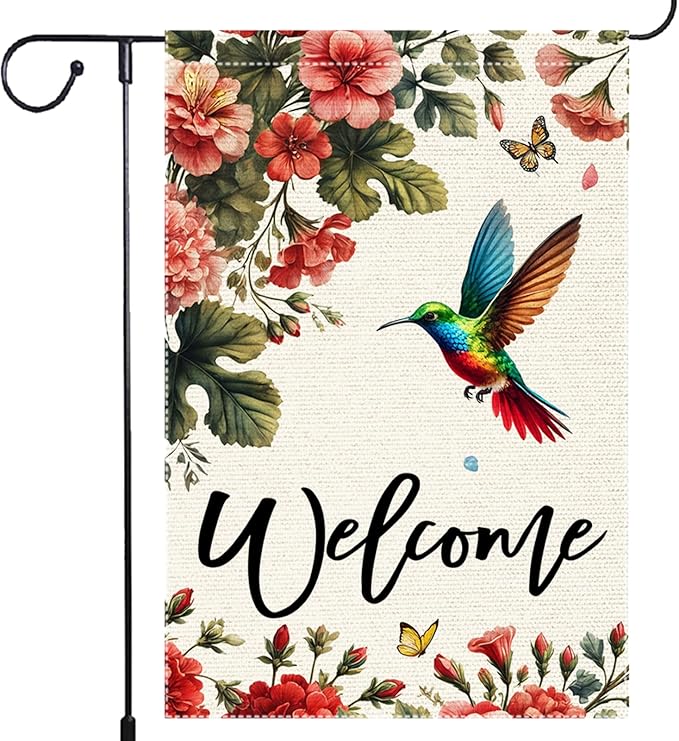 Welcome Hummingbird Garden Flag Outdoor Decor 12x18 Inch Double Sided Small Burlap Yard Outside Lawn Patio Rustic Farmhouse Seasonal Wildflowers Spring Summer Flags Decorations