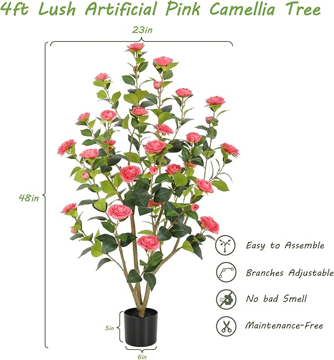 Nafresh 4FT Lush Artificial Pink Camellia Tree Outdoor 2 Pack, 48inch Faux Camellia Plant, Fake Camellia Flowers Tree for Indoor Outdoor Living Room Home Patio Front Door Garden Decor