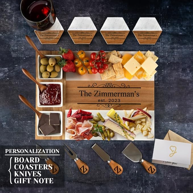 Personalized Charcuterie Board Set, Custom Engraved Marble Cheese Board with Knife Set, Wedding Gift for Couples, Monogrammed Bridal Shower & Housewarming Gift
