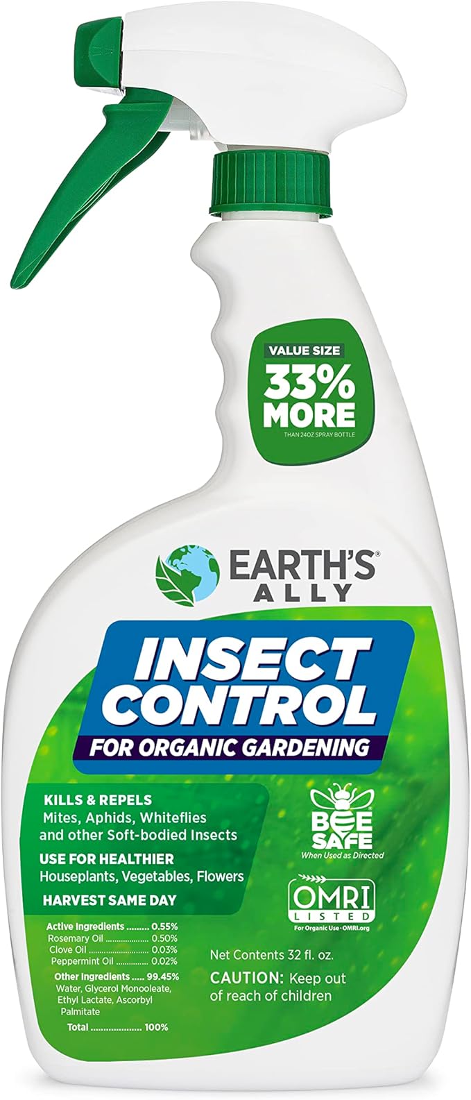 Earth's Ally Outdoor Indoor Plant Insecticide Spray - Ready-to-Use Insecticidal Soap for Plants - Non-Toxic Insect Repellent Pest Control for Spider Mite, Aphid, Mealybug - Bee, Pet, Kid Safe - 24 Oz