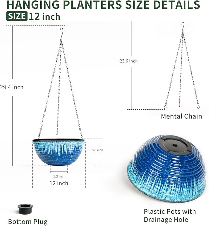 LESOASIS 12 inch Large Hanging Planters for Indoor Outdoor Plants, Set of 2 Glazed Hanging Flower Pots with Drainage Hole, Hanging Baskets for Garden Home Porch Decor