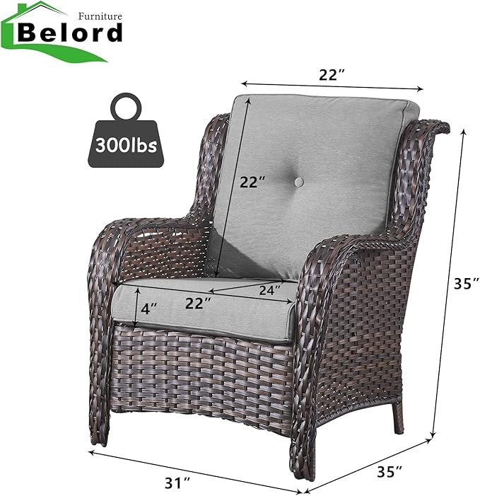 Belord High Back Patio Chairs Set of 2 - Brown Wicker Chairs Outdoor Seating, 4" Wide Armrests Rattan Outdoor Club Chair with Grey Removable Cushion for Deck Porch Backyard