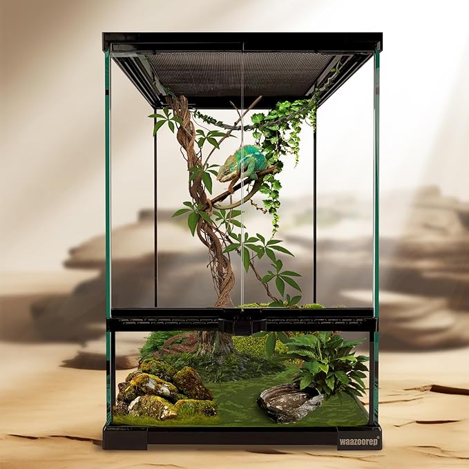 waazoorep 11 Gallon Reptile Glass Tank Vertical Terrarium 12"x12"x18" Habitat Enclosure with Front Openning Door and Top Screen Ventilation for Geckos, Snakes,Tree Frogs,Chameleon
