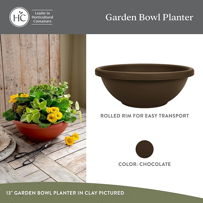 The HC Companies 15.5 Inch Shallow Garden Bowl Plant Pot with Drainage, Lightweight UV-Resistant Plastic Planters for Succulents, Herbs & More, 2-Pack Planters for Indoor Outdoor Home Decor, Chocolate