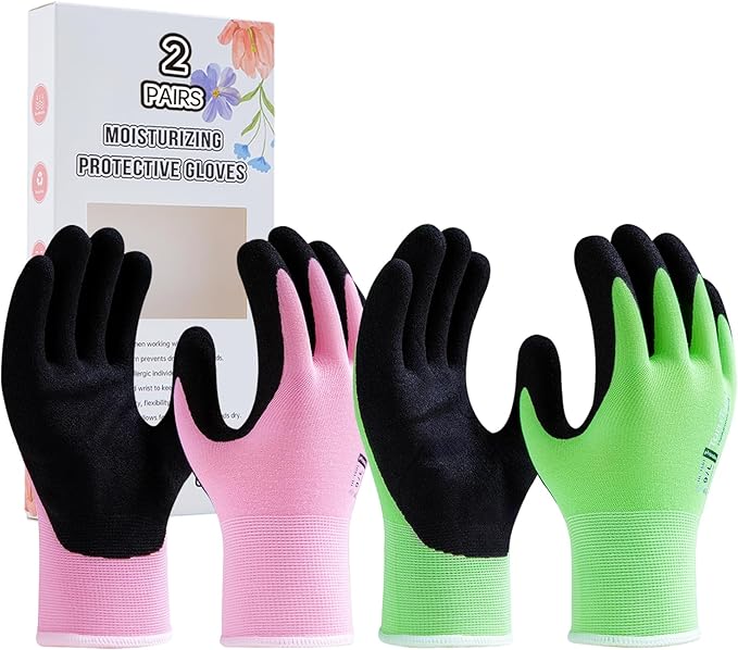 HandLove 2 Pairs Gardening Gloves for Women-Moisturizing Durable Work Gloves.Latex-free Sandy Nitrile Coated for Yard Garden,Touchscreen Friendly Protective Work with Grip,Large,Pink&Green