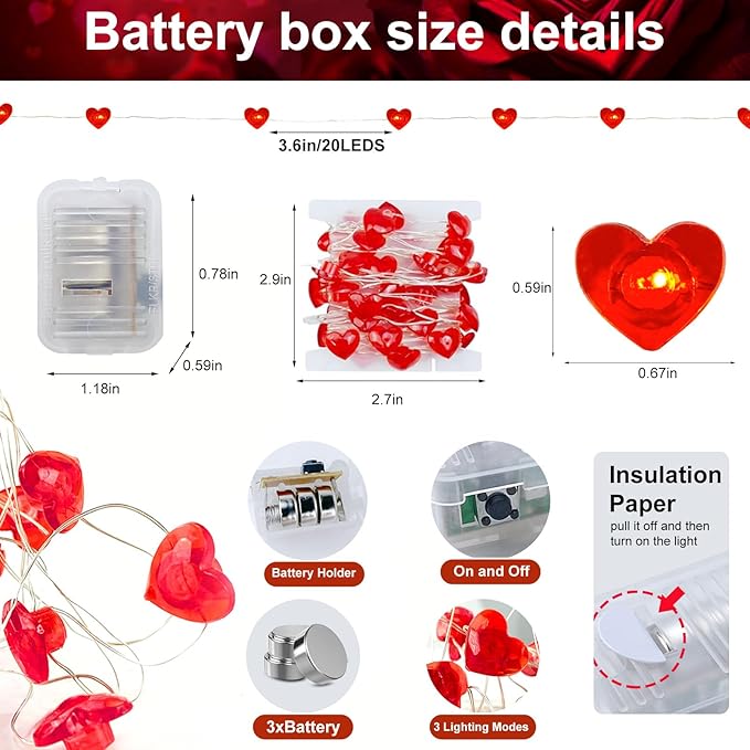 pozzolanas 2 Pack Red Heart Led Fairy Lights Battery Operated String Lights, 7 ft 20 LED Waterproof Firefly Light on Silver Wire for Home Party Wedding Valentines Decorations
