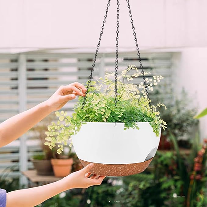 CNLBO 12 Inch Self Watering Hanging Planter for Indoor Outdoor Plants, 2 Pack Hanging Flower Pots with Drainage Holes and Saucers, Plastic Hanging Baskets for Kitchen, Balcony, Garden Decoration