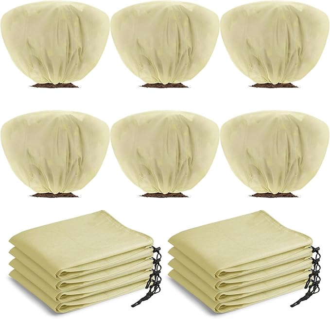 Wesnoy 6 Pcs Winter Plant Covers Freeze Protection 39.4x23.6 Inch Horizontal Shrub Tree Rose Plant Protection Bags Frost Blanket with Drawstring for Fall Winter Outdoor Garden Planting (Beige)