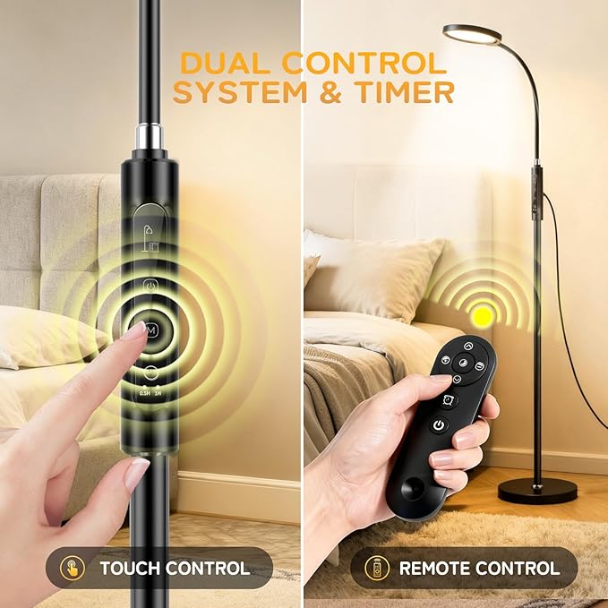 Light Therapy Lamp, 11000 Lux UV-Free Floor Lamp, Full Spectrum LED Sunlight with Touch Remote Control, Adjustable 7 Color Temperatures 9 Brightness Levels for Office Living Room Reading Black