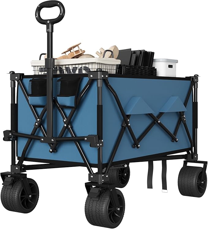 GarveeLife Heavy Duty Utility Beach Wagon Cart, Collapsible Wagon Beach with All Terrain Wheels, Extra Long WagonCart Foldable with Cup Holders for Sand