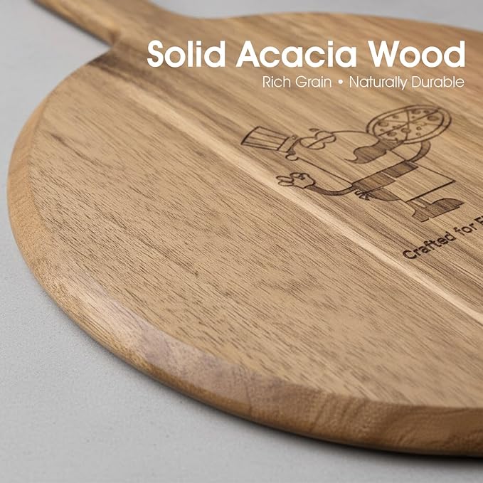 GleeNflux 12" Acacia Wood Charcuterie & Pizza Serving Board Set with Pizza Cutter, Rustic Wooden Board for Cheese, Appetizers & Entertaining, Thoughtful Housewarming Gift