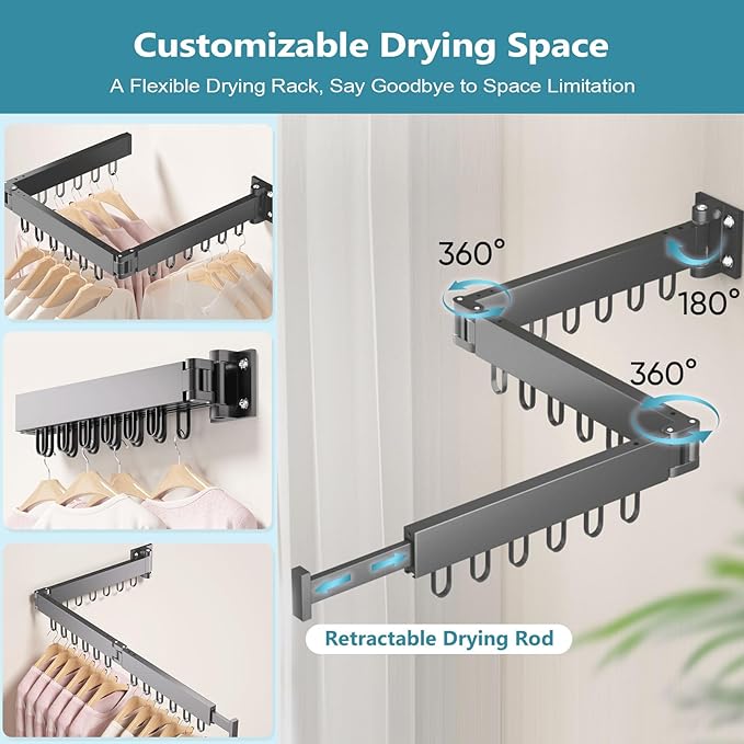 JAUREE Clothes Drying Rack Wall Mounted, Space-Saving Drying Rack Clothing, Collapsible Foldable Retractable Laundry Rack with 18 Hooks, Indoor/Outdoor, Black