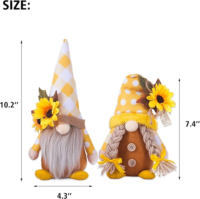 2PCS Sunflower Gnomes Plush Decorations, Summer Gnomes, Spring Gnomes, Scandinavia Honey Buffalo Plaid Sunflower Gnome Plush for Tiered Tray Kitchen Decor, Farmhouse Swedish Nisse Tomte Home Oranment