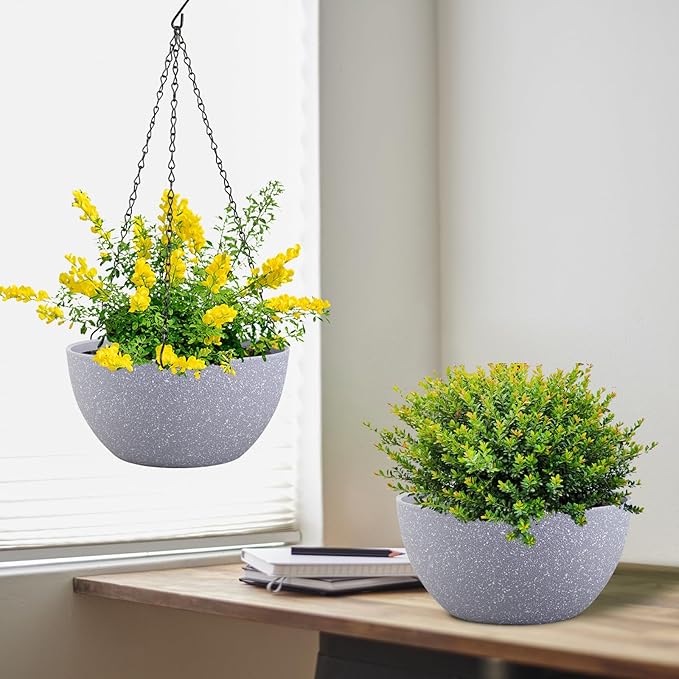 Meowell 12 inch Large Hanging Planters for Indoor Outdoor Plants, 2 Pack Hanging Flower Pots with Drainage Holes and Chain for Garden Porch, Plastic Hanging Baskets for House Plants, Speckled Grey