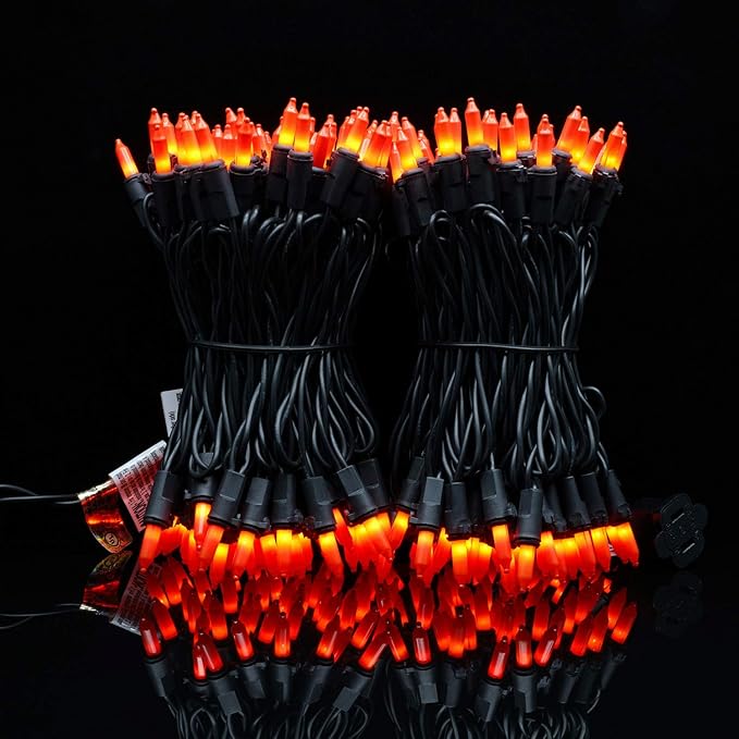 YULETIME 200 Orange String Lights with Black Wire, Pack of 2 Sets 33 ft 100 Count UL Certified Christmas String Lights for Halloween Fall Holidays (Orange)