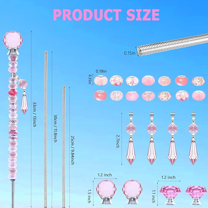 Exway 100 PCS DIY Fairy Wand Beaded Garden Stake Beads Kits with Pink Large Hole Beads 4 Crystal Stopper Top Threaded Rods and 4 pink Sparkling Crystal Pendants for outdoor indoor Decor