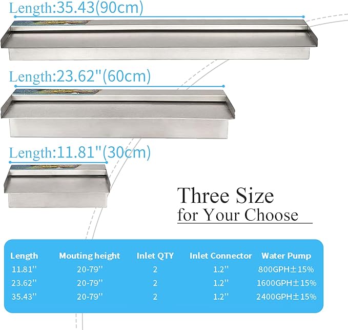 24 Inch Pool Fountain 304 Stainless Steel Waterfall Spillway with Pipe Connector Kits, Wider Water Flow Sheer Descent Platform Water Feature Fountain for Swimming Pool, Outdoor Garden Decor