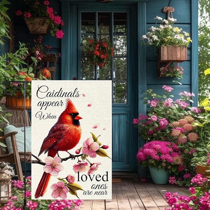 Spring Cardinal Garden Flag 12x18 Inch Double Sided Small Burlap Outdoor Yard Lawn Peach blossom Rustic Farmhouse Seasonal Wildflowers Anniversary Flags Decorations