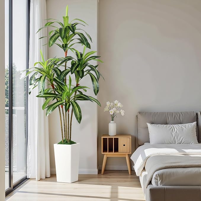 Alupssuc Artificial Dracaena Fake Tree 6FT, White High Pot Artificial Plants Indoor&Outdoor, Fake Plants for Office/Home/Living Room Potted Decoration, 6ft