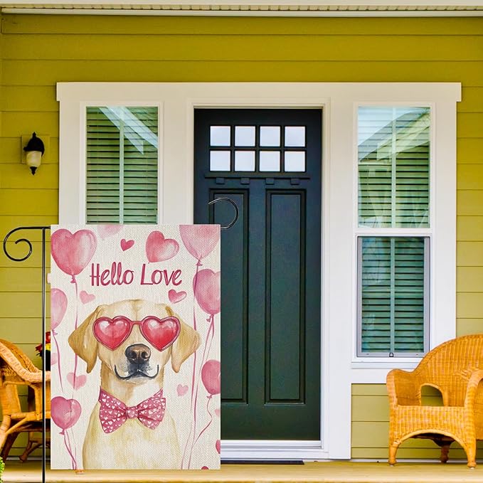 Valentine's Day Labrador Retriever Hello Love Garden Flag, House Yard Plaid Love Heart Outside Decoration, Spring Holiday Wedding Anniversary Outdoor Small Decor 12x18(12631)