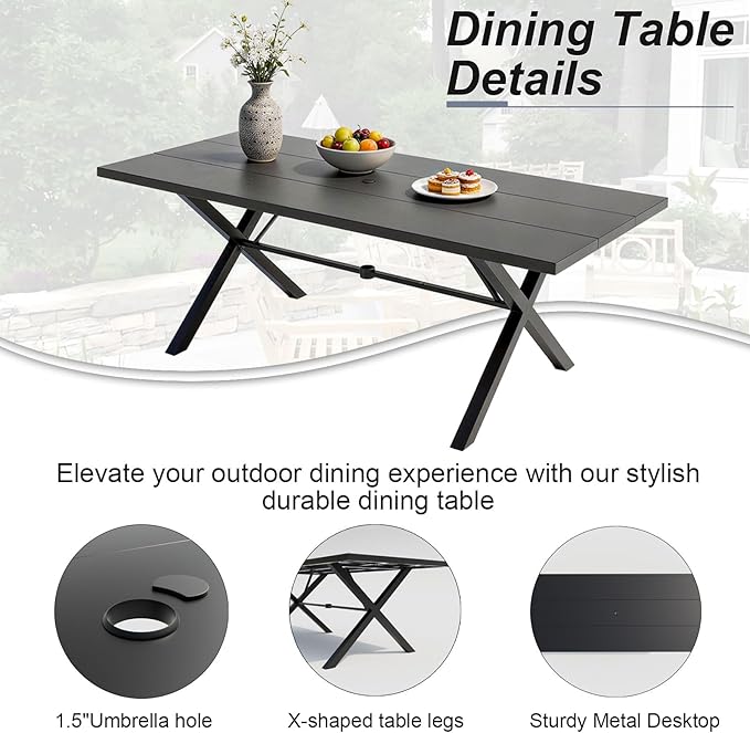 10 Pieces Patio Dining Set,Metal Outdoor Furniture Set Includes 13.6FT Grey Umbrella,Hole Cut-Out 78.7" x 35.4" Table and 8 Metal Backrest Chairs for Backyard,Garden,Blue