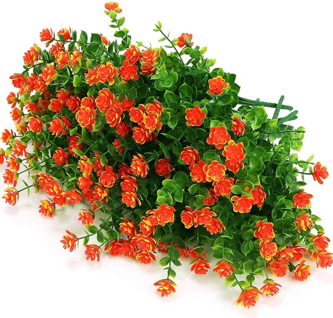 ArtBloom 6 Bundles Outdoor Artificial Flowers UV Resistant Fake Boxwood Plants, Faux Greenery for Indoor Outside Hanging Plants Garden Porch Window Box Home Wedding Farmhouse Decor (Orange Red)