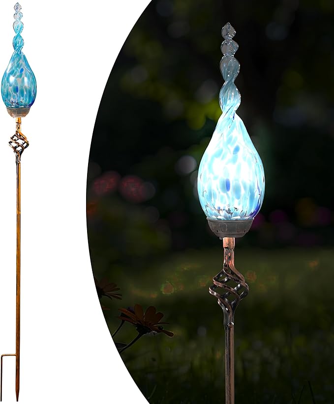 Naboher Solar Garden Lights Outdoor, Decorative LED Flame Garden Stakes, Hand Blown Glass and Outdoor Waterproof Glass Stakes (Light Blue)