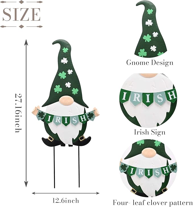 TERESA'S COLLECTIONS St. Patricks Decorations Outdoor for Home, Metal Garden Gnomes Decor Yard Stakes, Green Garden Stakes Gifts for Party, Saint Patricks Yard Signs for Outside Lawn Porch Patio, 27"