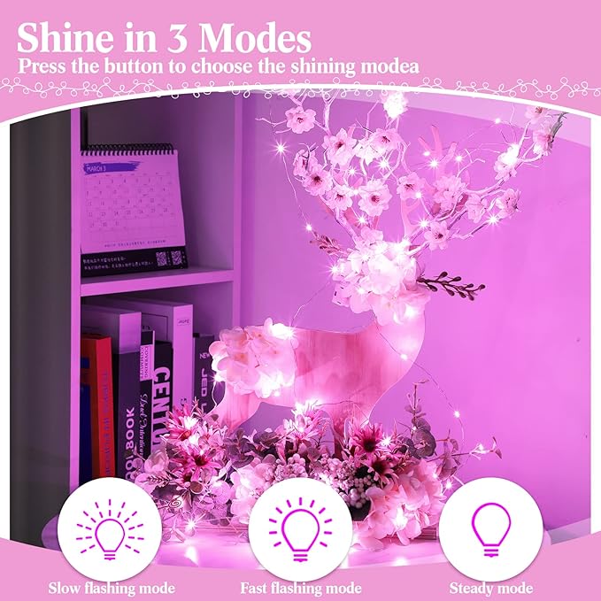 Hortsun 100 Packs Fairy Lights Battery Operated 3 Speed Modes, 7 Ft/ 2 M 20 LED Battery String Mini Waterproof Wire Twinkle Lights Bulk for Wedding Party Birthday Vases Decor (Pink Light)