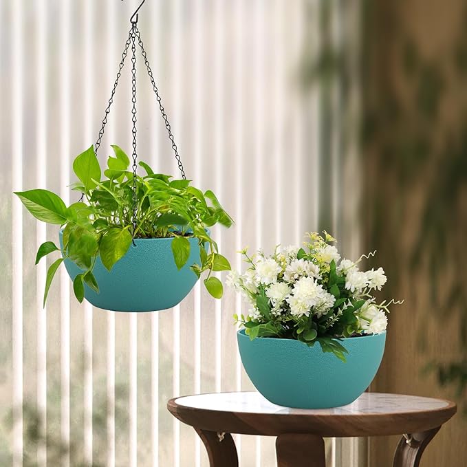 Meowell 10 inch Hanging Planters for Indoor Outdoor Plants, 2 Pack Hanging Flower Pots with Drainage Holes and Chain for Garden Porch, Plastic Hanging Baskets for House Plants, Blue Green