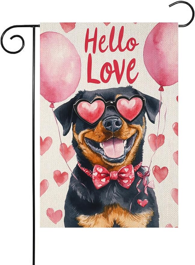 Valentine's Day Rottweiler Hello Love Garden Flag, House Yard Plaid Love Heart Outside Decoration, Spring Holiday Wedding Anniversary Outdoor Small Decor 12x18(12635)