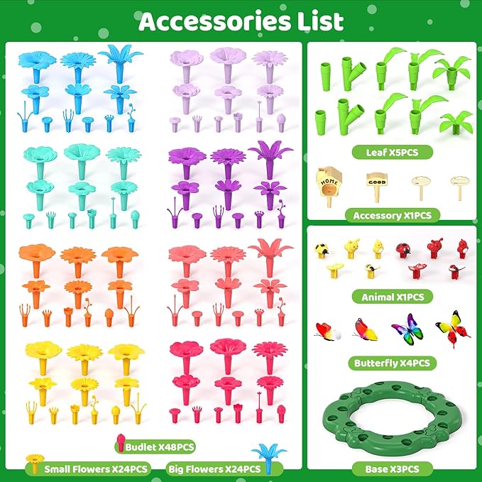 Doloowee 184Pcs Flower Garden Building Toys for Girls 3 4 5 6 7 Year Old, Upgrade DIY Building Stacking Toys, STEM Preschool Educational Toddler Toys Brain Development Kindergarten Kids Toy