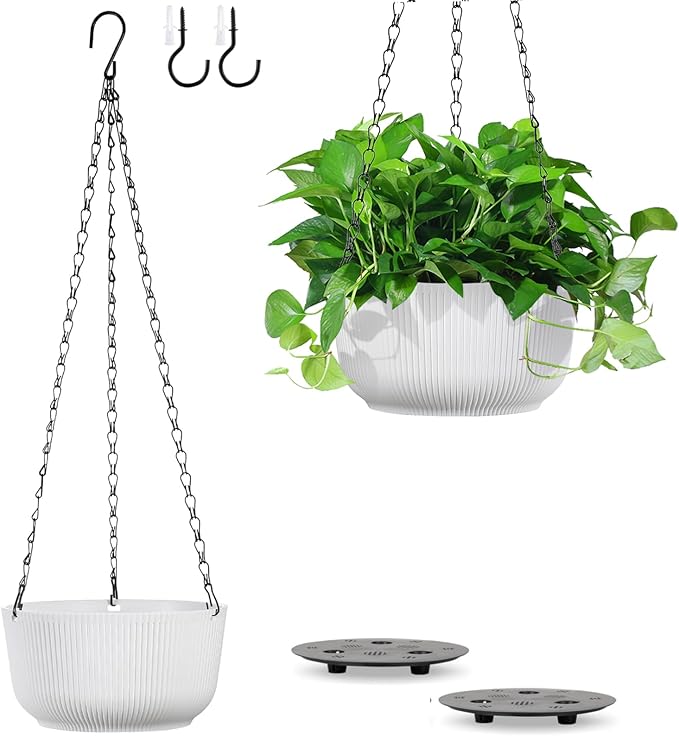 Kvetto Set of 2 White 8.8 Inch Hanging Planters for Indoor Outdoor Plants, Self Watering Hanging Baskets Flower Pots with Drainage Hole & Plug