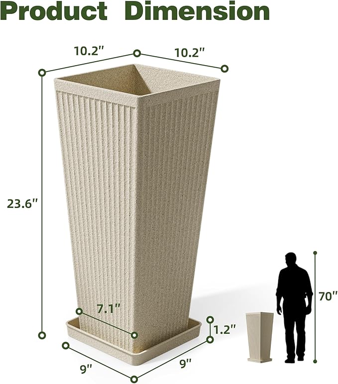 Trygoal Square Tall Planters for Outdoor Plants Set of 2-23.6" Heavy-Duty Classic Tapered Indoor Flower Pots with Drainage Holes/Partition/Tray, Large Outdoor Planters for Porch Patio Garden, Beige