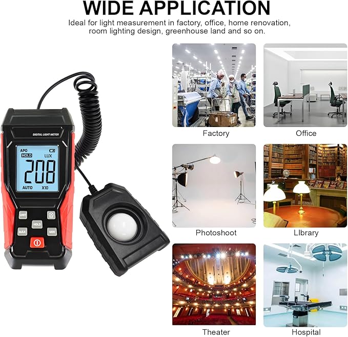 Light Meter Digital Lux Meter Handheld Illuminance Light Meter with 360 Degree Rotating Sensor, 4 Digit LCD Display 0~200,000 Measurement Range Luxmeter Tester for Plants, Headlights, Home & Office
