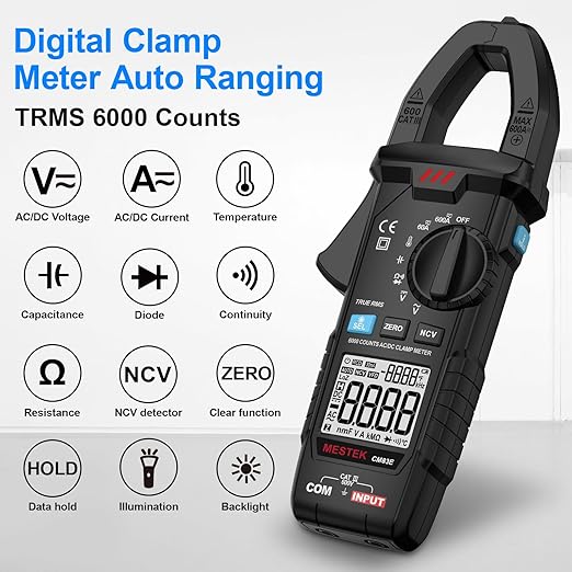MESTEK Clamp Meter, Digital Clamp Multimeter Voltage Tester TRMS 6000 Counts Current Amp Volt Meter, Voltmeter Measures NCV AC DC Current Voltage Resistance Capacitance Temperature Diodes Continuity