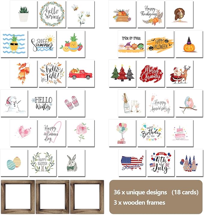 Spring Decor Farmhouse Summer Home Decor Signs 36 Interchangeable Sayings with 3 Wooden Frames for Office and Living Room Tiered Tray Decor Table Desk Wall Decor Seasonal Decoration Holiday Gift