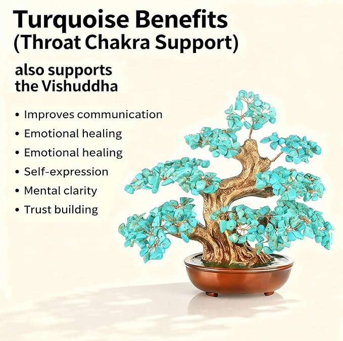 MASGEMES Natural Turquoise (360 Large Beads) Crystal Tree Bonsai – Throat Chakra Healing Tree of Life, Feng Shui Positive Energy Decor for Home Office & Meditation Spaces 8''