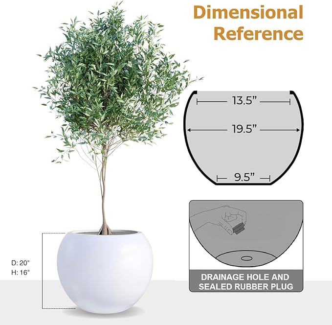 KUTE NEST 16" H x 20" D Globo Fiberstone Round Planter with Drainage Hole, Smooth Finishes, Weather Resistant for Indoor and Outdoor Use, Included 2 Extra Coco Mats (White, 13.5" Pot Opening)