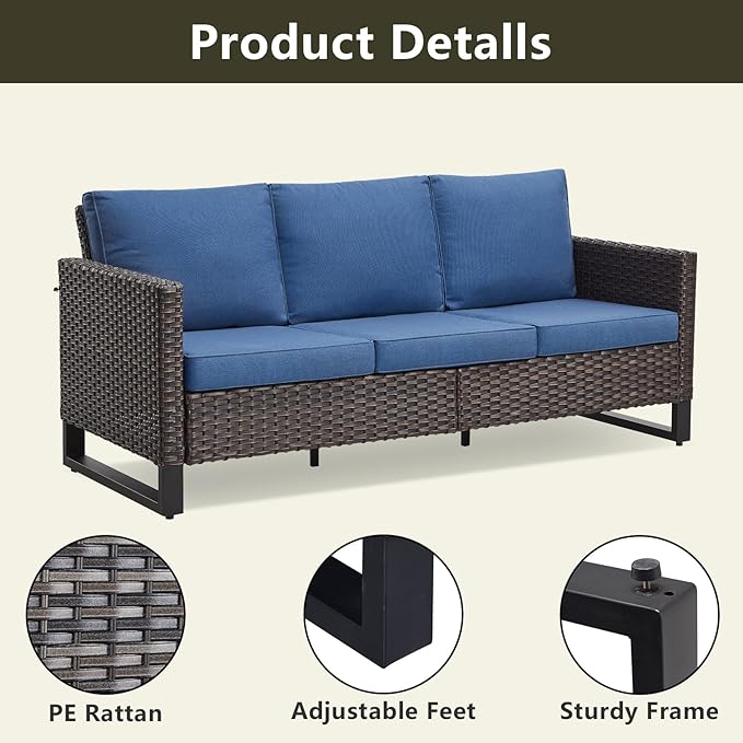 Rilyson Wicker Outdoor Patio Furniture Set - 6 Piece Patio Conversation Set with 2 Swivel Rocker Chairs,2 Rattan Ottoman,1 Couch and 1 Metal Side Table for Outside Porch Deck Backyard(Brown/Blue)