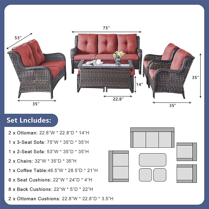 Outdoor Patio Furniture Sofa Set - 7 Piece Rattan Wicker Patio Sectional Conversation Sets with 1 Sofa,1 Loveseat,1 Coffee Table,2 Armrest Chairs and 2 Ottomans for Porch Deck Garden(Brown/Red)
